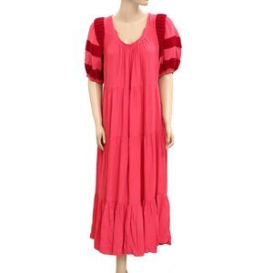 The Great. Red Tiered Puff Sleeve Maxi Dress Striped Red Resort Cotton M 279898